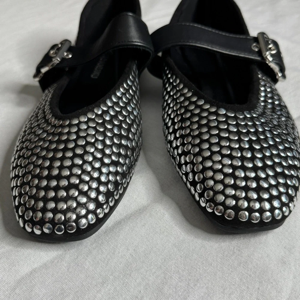 Studded Mary Jane Flats Black Silver Buckle Punk Ballerina Shoes Womens 37 6.5-7